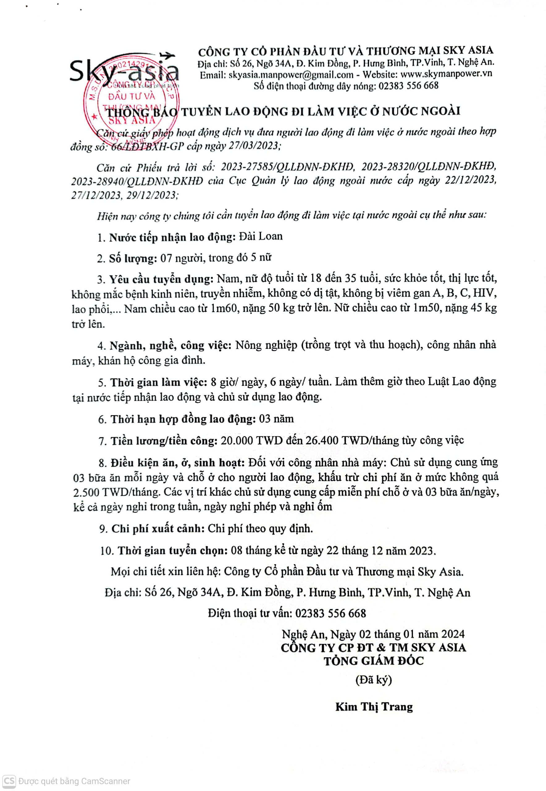  THÔNG BÁO TUYỂN LAO ĐỘNG LÀM VIỆC TẠI ĐÀI LOAN THÁNG 12/2023